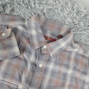 7 For All Mankind Mens S Grey Brown Plaid Herringbone Cotton Button Down Shirt